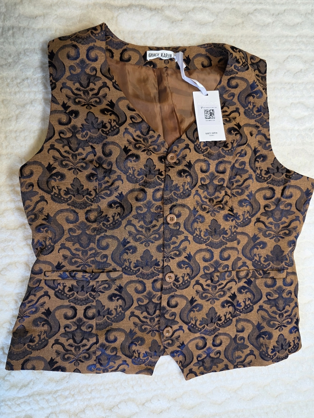 Grace Karin Brown Blue Damask Vest XL Jacquard Button Front Waistcoat